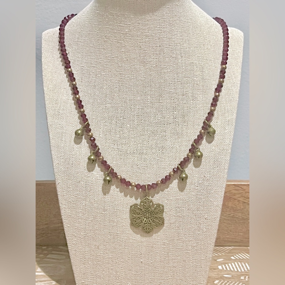 New Beautiful Faceted Garnet, Bronze Tibetan Star Pendant & Bronze Bell Necklace